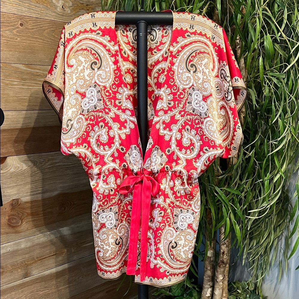 CAbi Red and Cream Paisley Tie-Waist Top